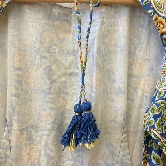 Madison Mathews || Perrin Maxi Dress Open Bsck Block Print Floral Tassels Blue S - Picture 6 of 12